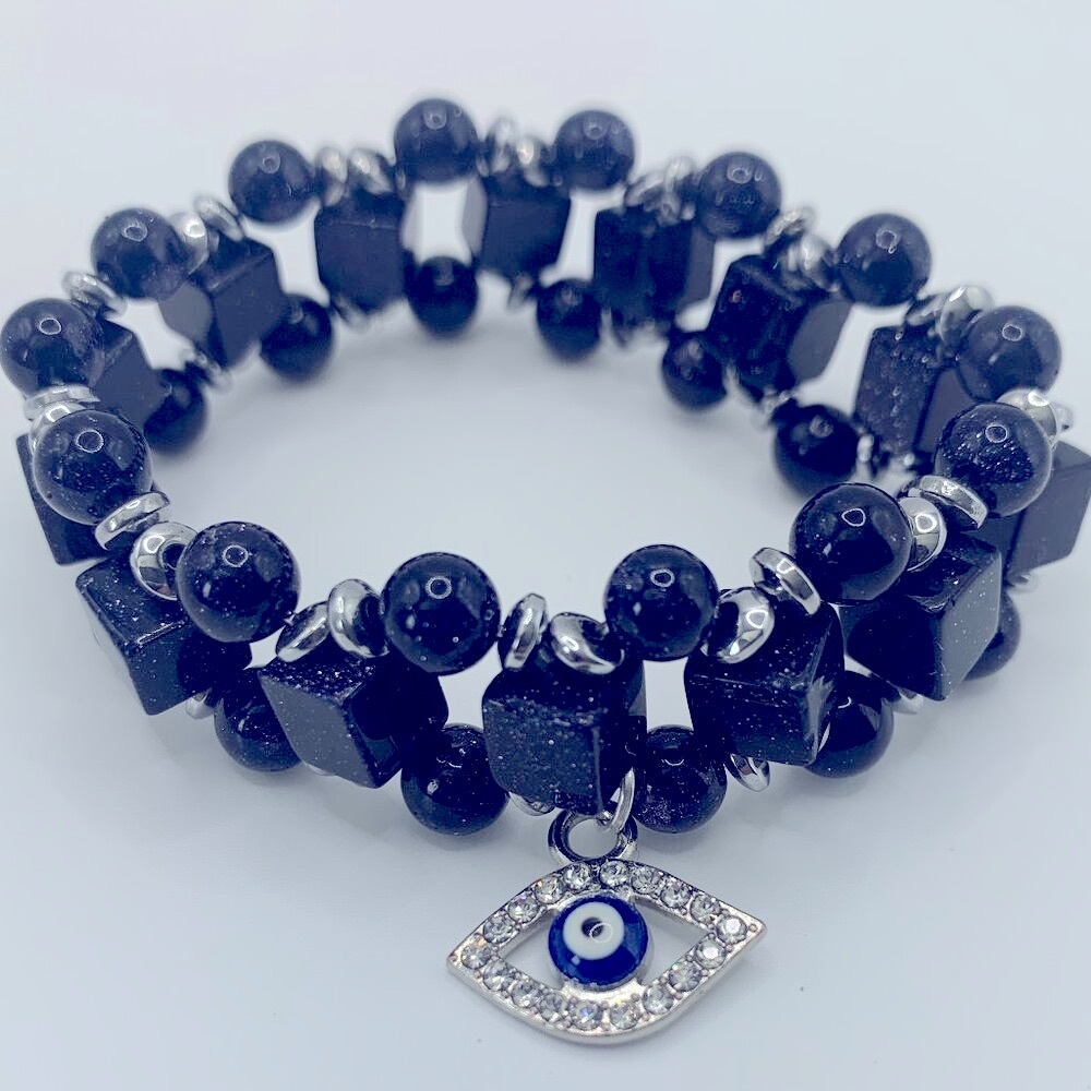 Evil Eye Charm Handmade Sandstone & Hematite No Clasp Stretch Netted Bracelet